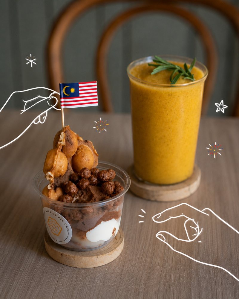 Egg waffle and a mango drink on the table